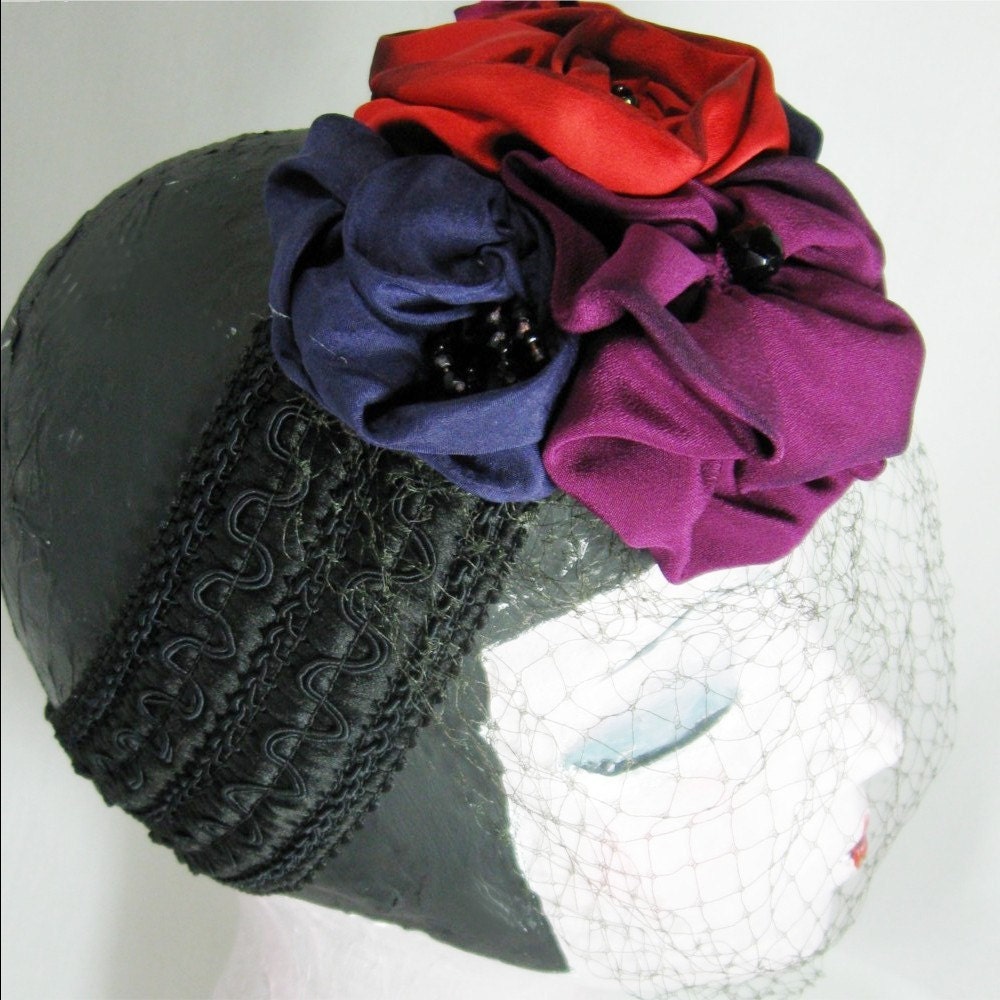 Red Rose Headpiece with Birdcage Veil
