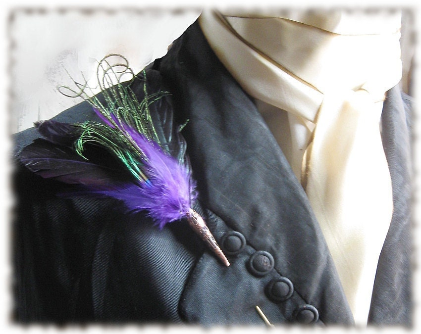 Purple Feathered Boutonniere / Lapel Pin