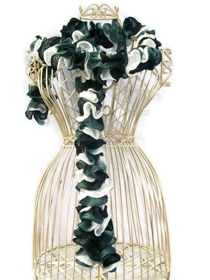 Hand Knit Lacy Ruffled Scarf - Black and White - Spring and Summer Fashion Accessory - Ready to Ship