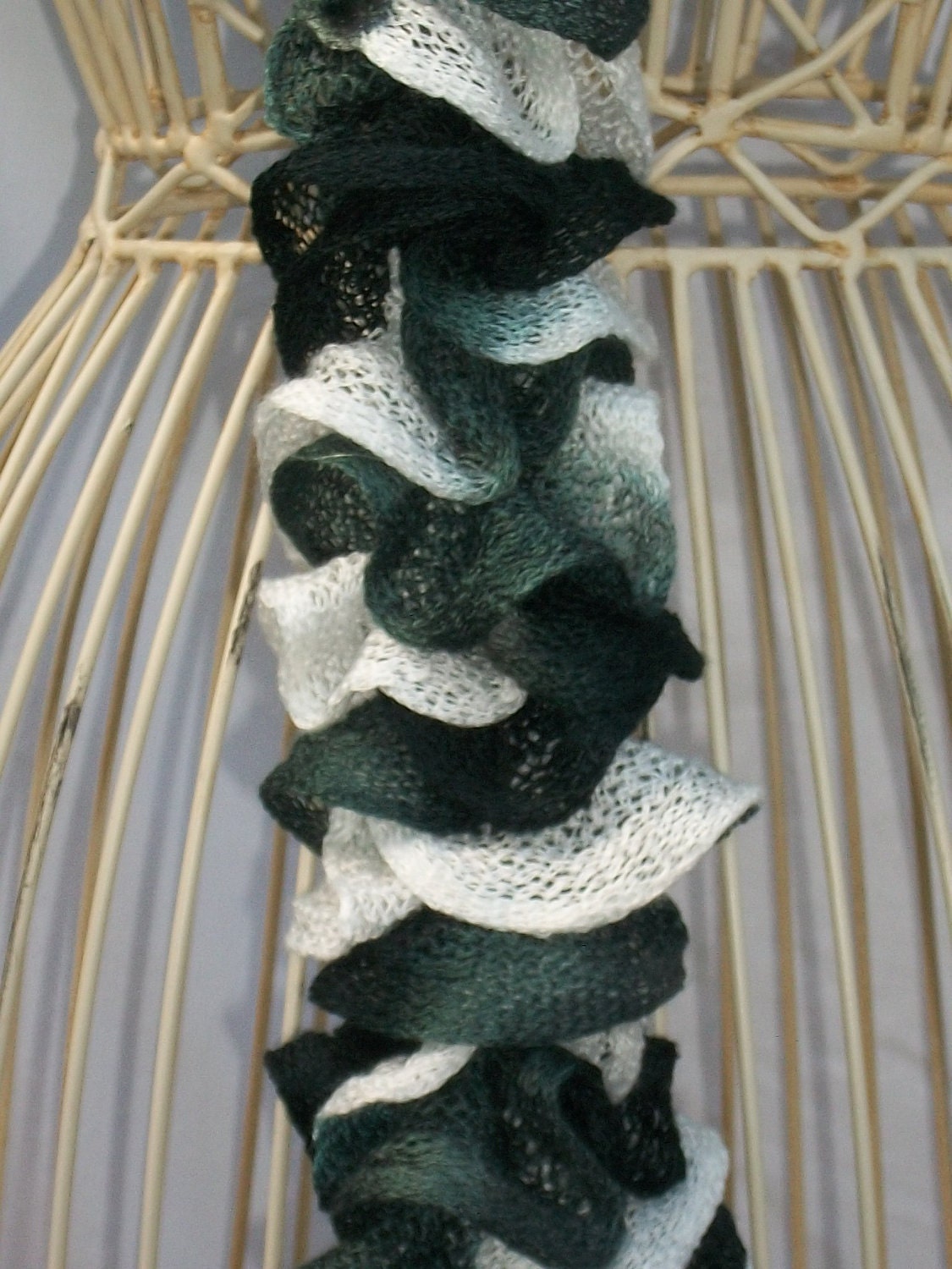 Hand Knit Lacy Ruffled Scarf - Black and White - Spring and Summer Fashion Accessory - Ready to Ship