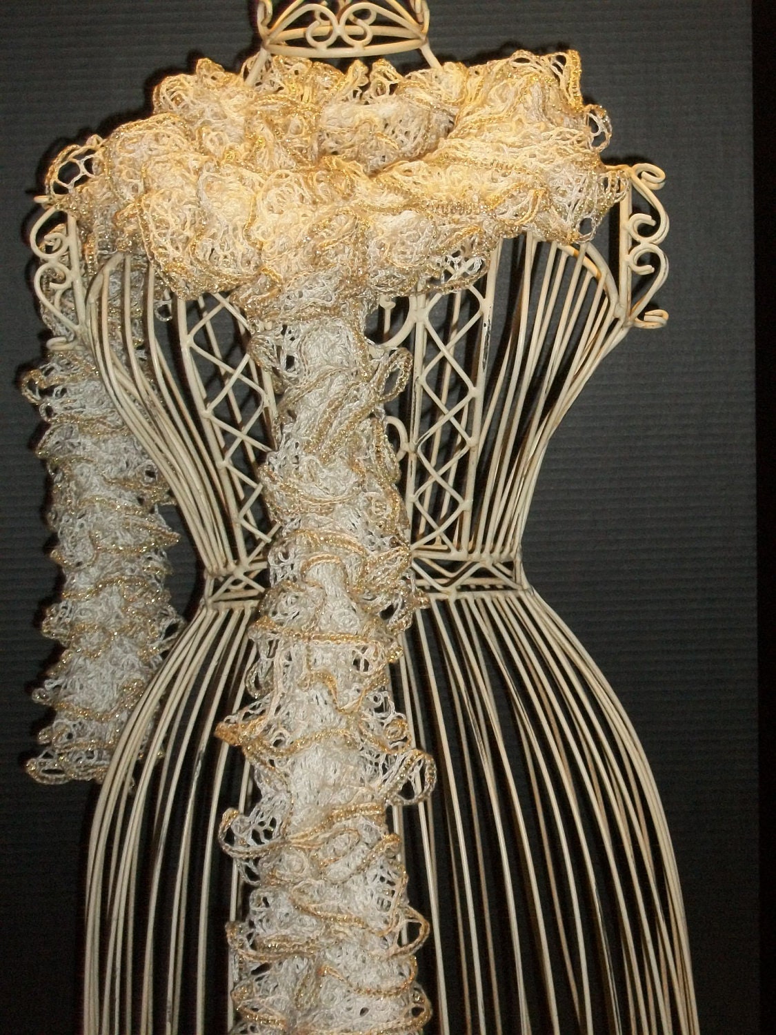 Hand Knit Lacy Ruffled Scarf - Ivory and Gold Metalic Trim - Fashion Accessory - Made to Order