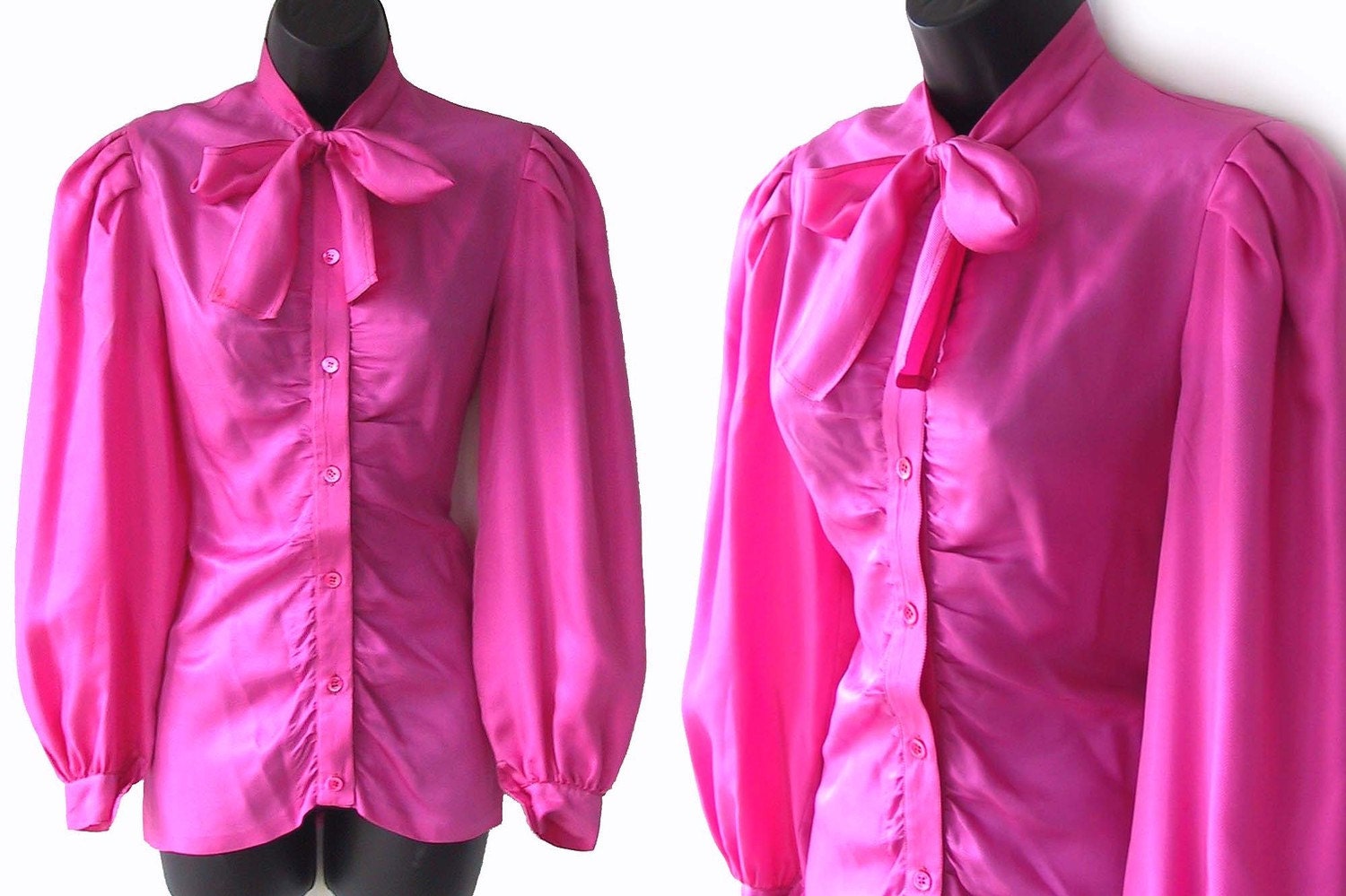 Vintage 70s 80s PINK Ruched Ascot Tie Silk BLOUSE XS S - heidihodge