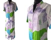 60s 70s White with Green and Blue Floral Print Barkcloth Maxi Dress L
