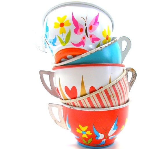 50s Tin Toy Tea cups, Set of 5 vintage metal with litho, hearts & butterflies.