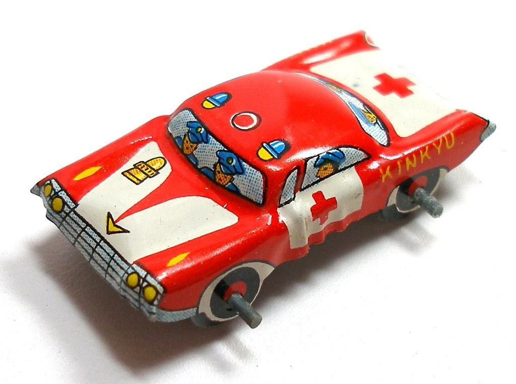 60s Tin Toy car, Vintage red emergency vehicle, KINKYU.