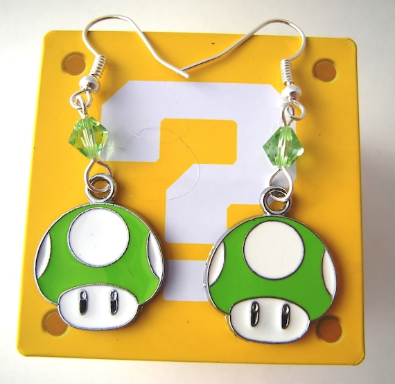 1-UP Mario Nintendo Green Mushroom Geektastic Swarovski Earrings