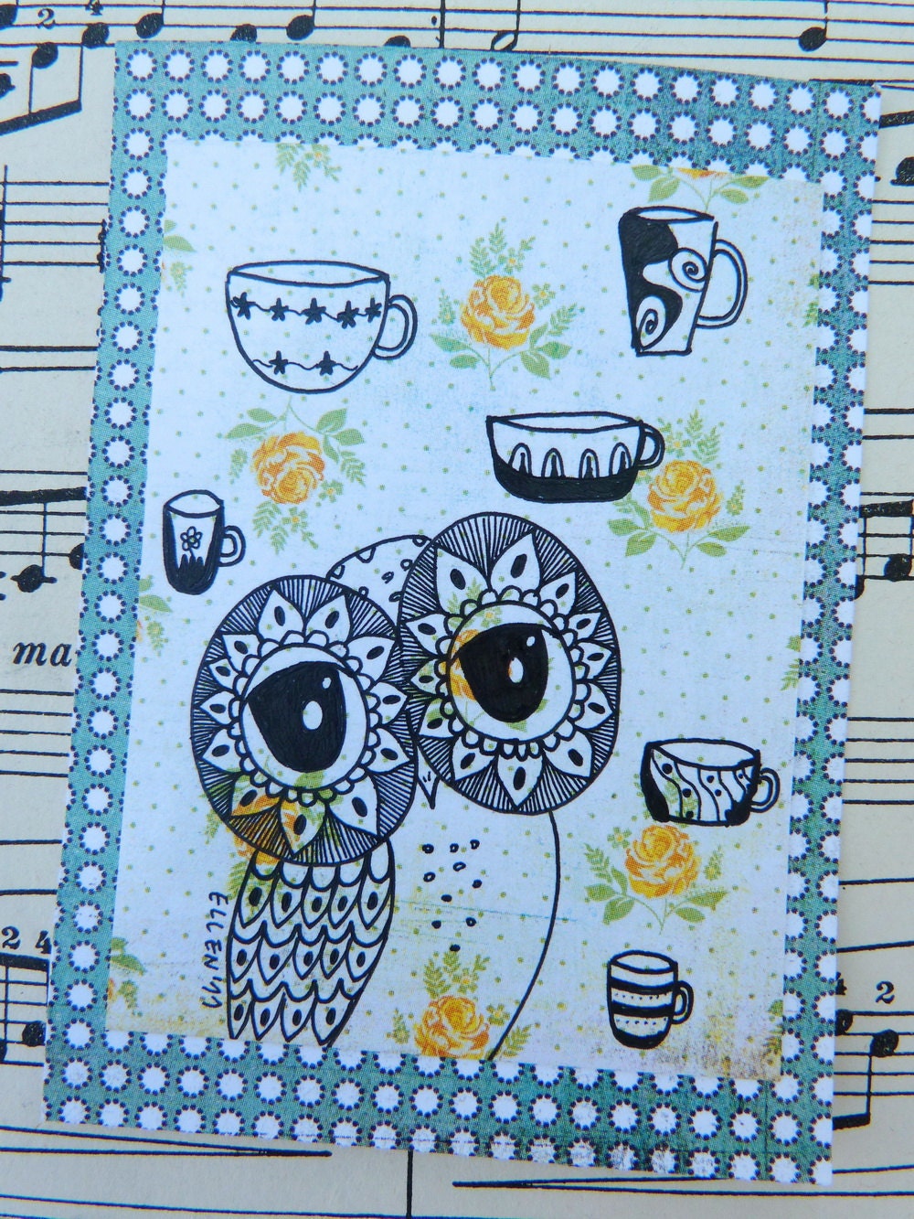 Owl Art - I Delight In My Brew (Original ACEO Mixed Media Art,Not Print)