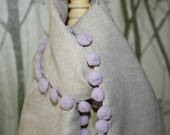 Natural linen scarf with soft lilac pom pom trim