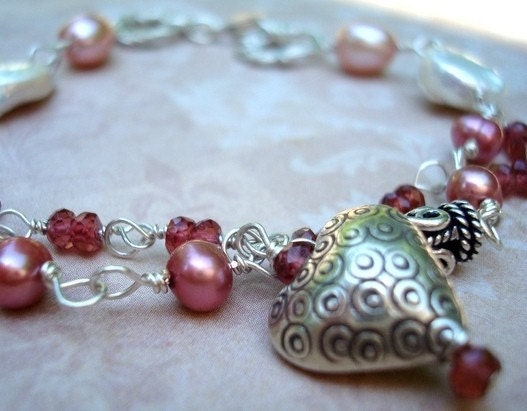 Garnet and Pearl bracelet With Sterling Silver Heart