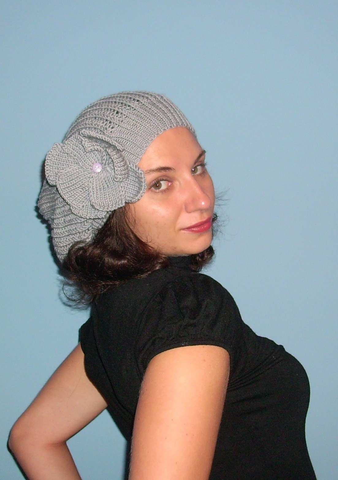 Color of your choice  french style beret with detachable knitted flower.