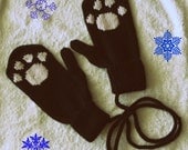 Cashmere Black Kitty Paws mittens with string adult size made by order