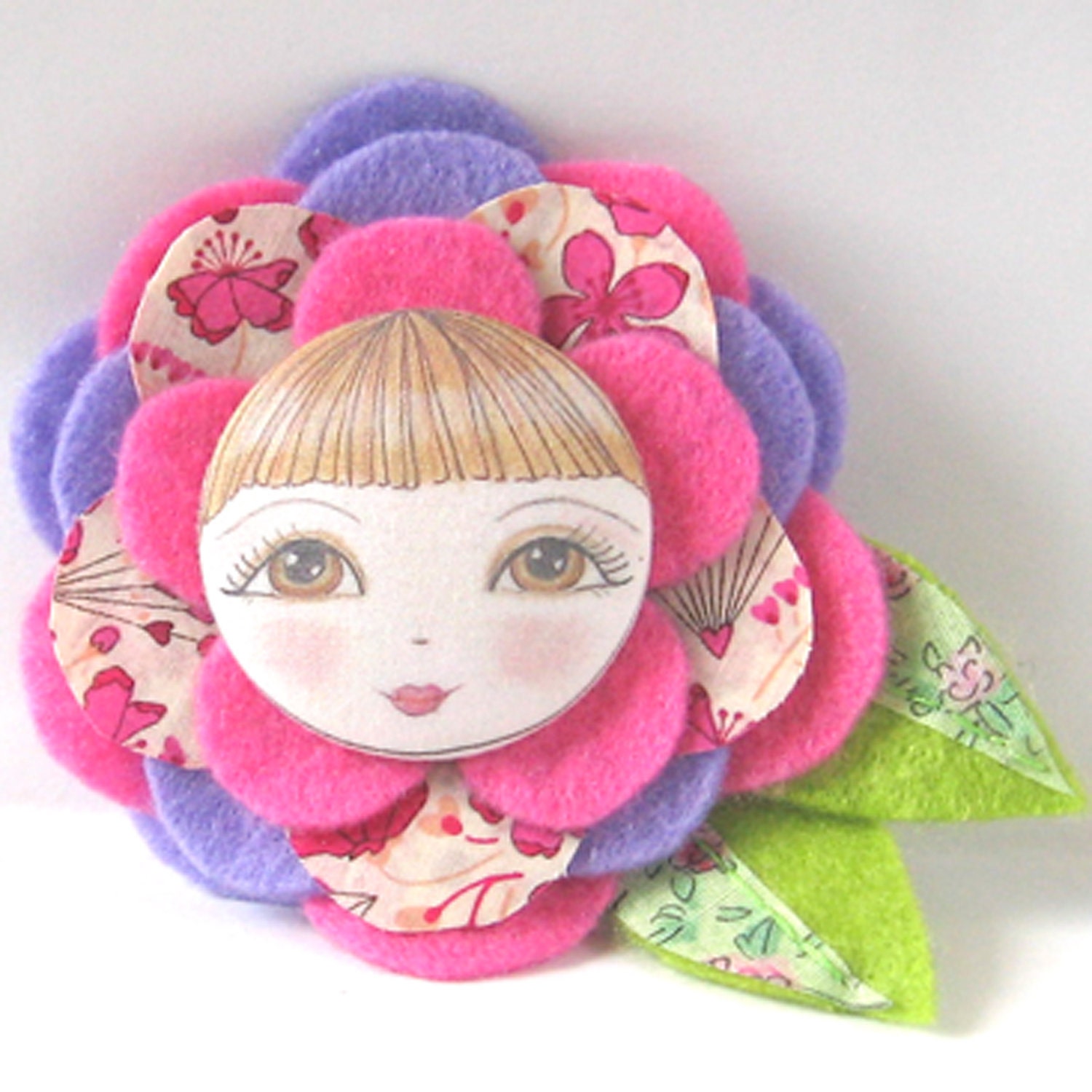 Liberty Print Fabric Brooch Felt Flower Pin - Olga Doll Face