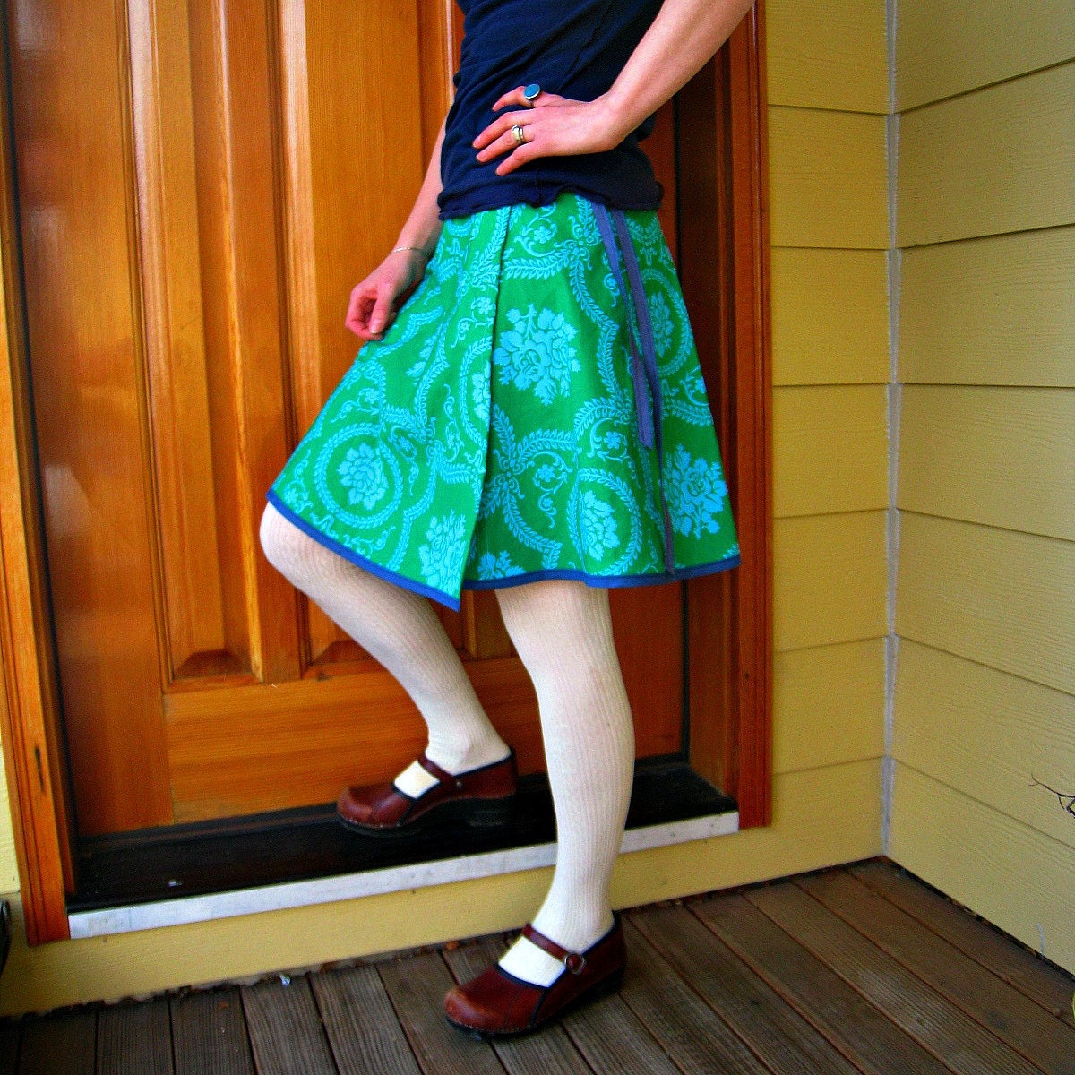 Women's Wrap Skirt  -Blue Green Floral - Adjustable Size -  READY TO SHIP