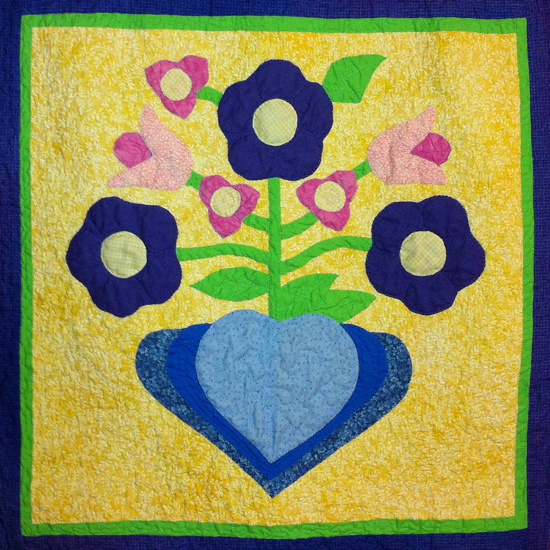 Quilted Folk Art Appliquéd Hearts and Flowers Wall Decor