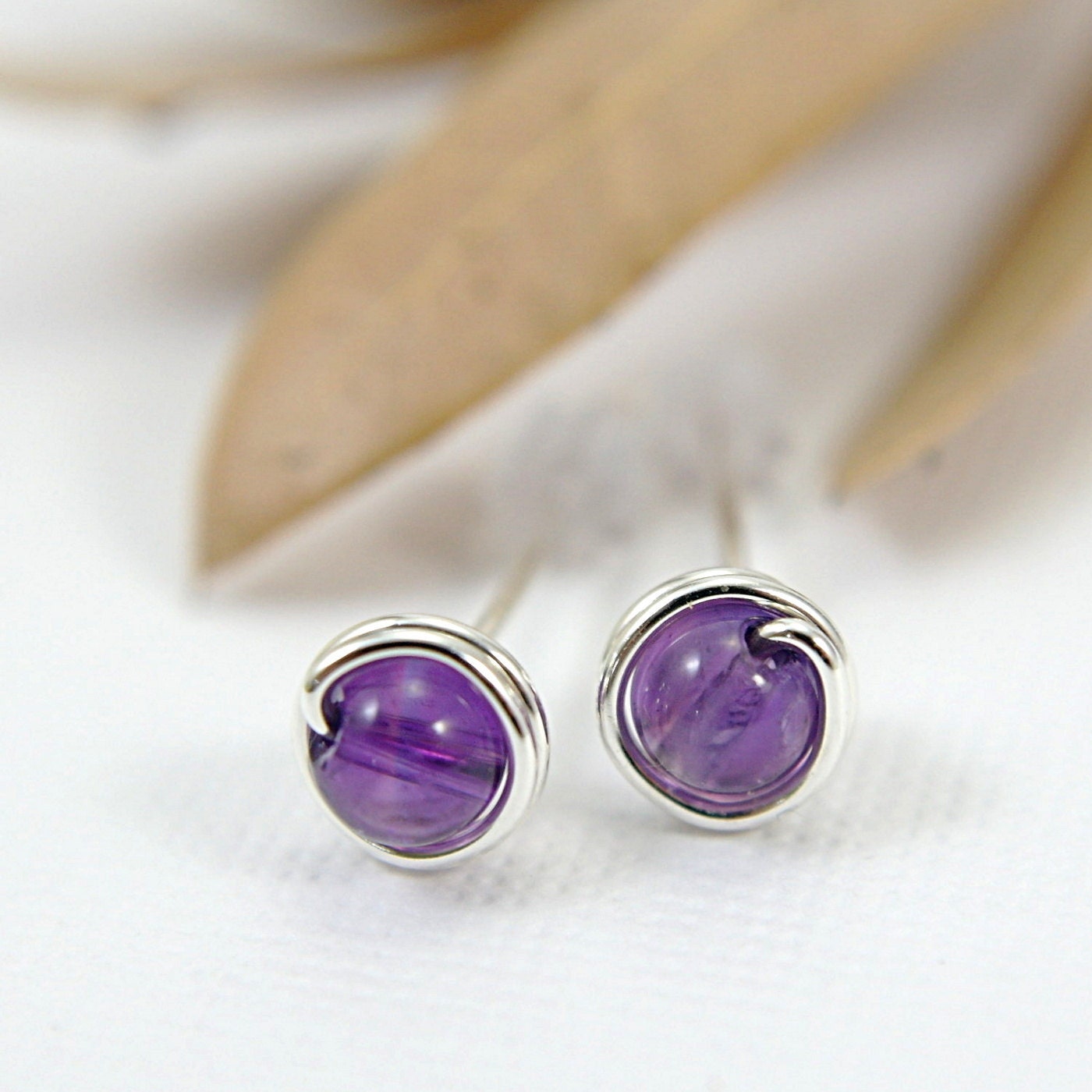 Tiny amethyst post earrings sterling silver wire wrapped purple jewelry mini