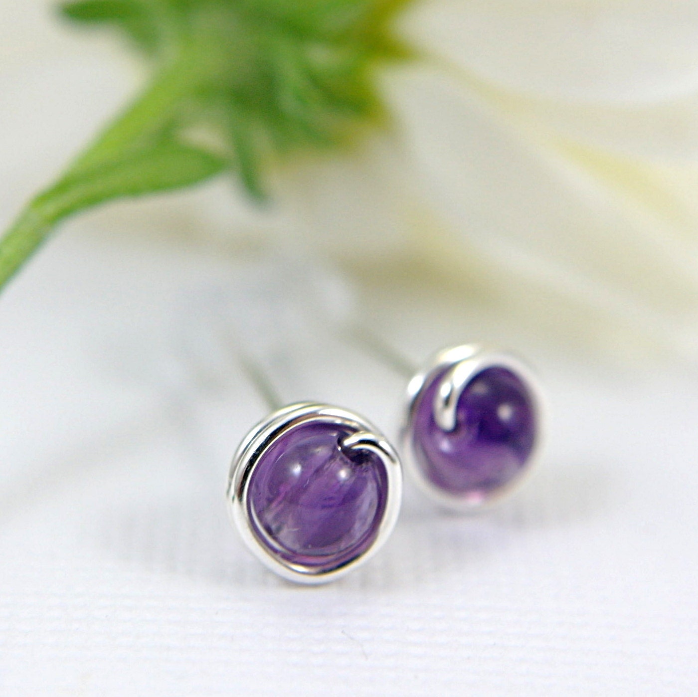 Tiny amethyst post earrings sterling silver wire wrapped purple jewelry mini