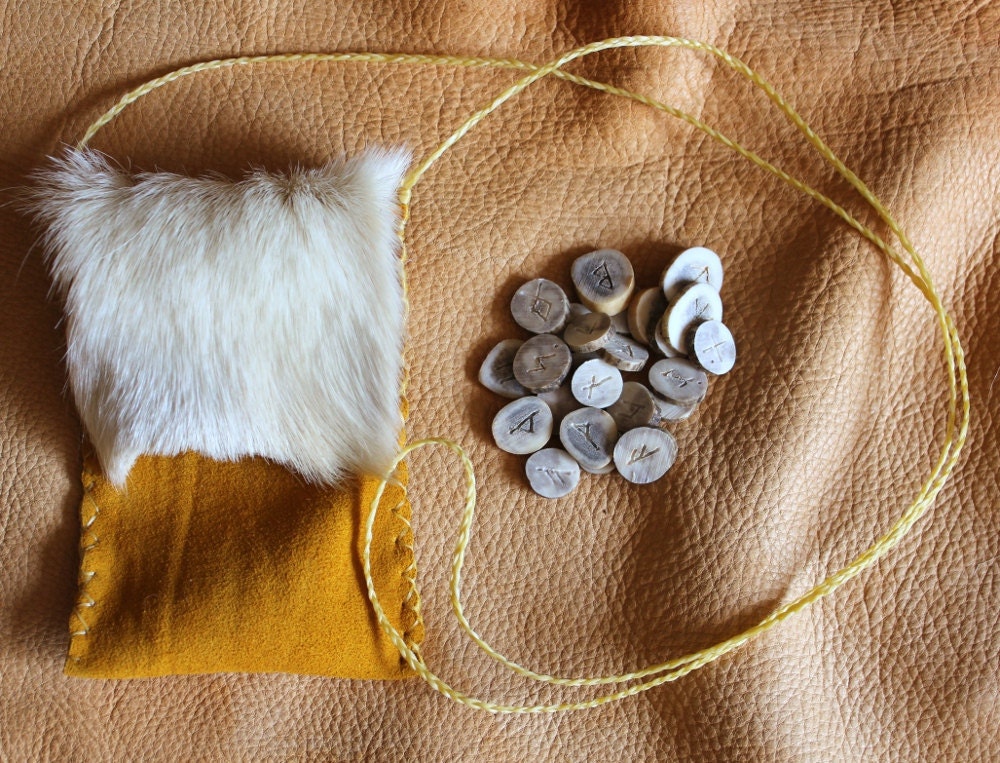 Real caribou reindeer antler horn elder futhark mini pocket travel rune divination set with deerskin and caribou hide bag ready to ship NOW
