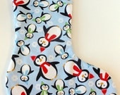 Blue Penguin Christmas Stocking with White Lining