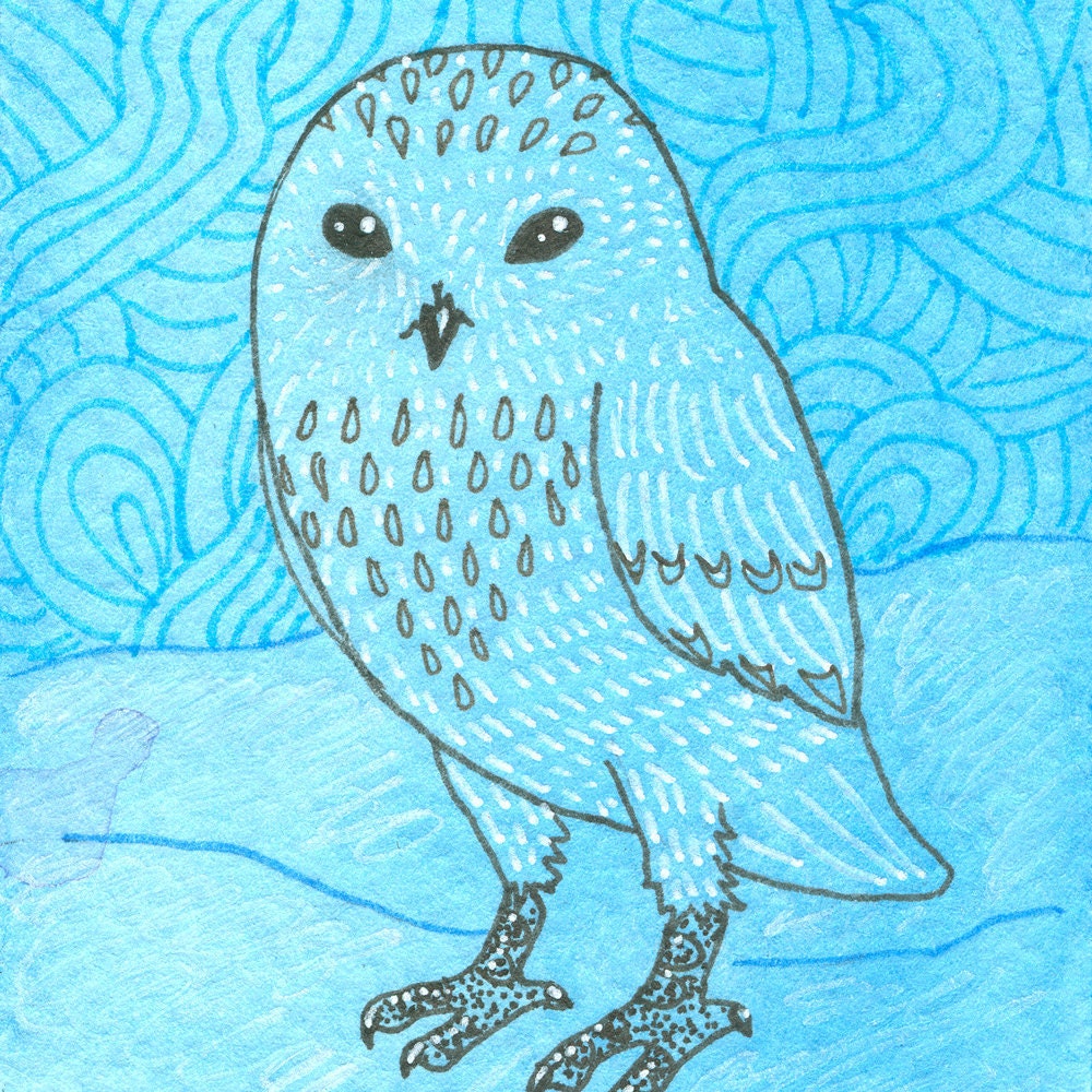 Snow Owl Illustration ACEO Original - Cyan Winter