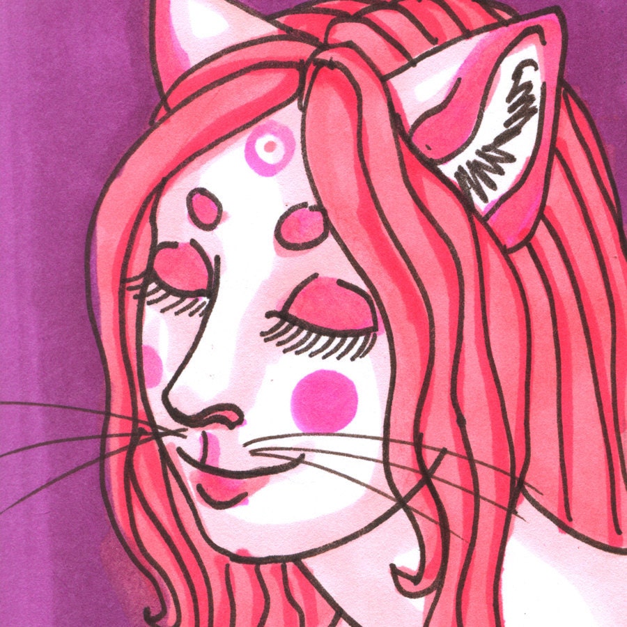 Cat Girl ACEO Original Pink