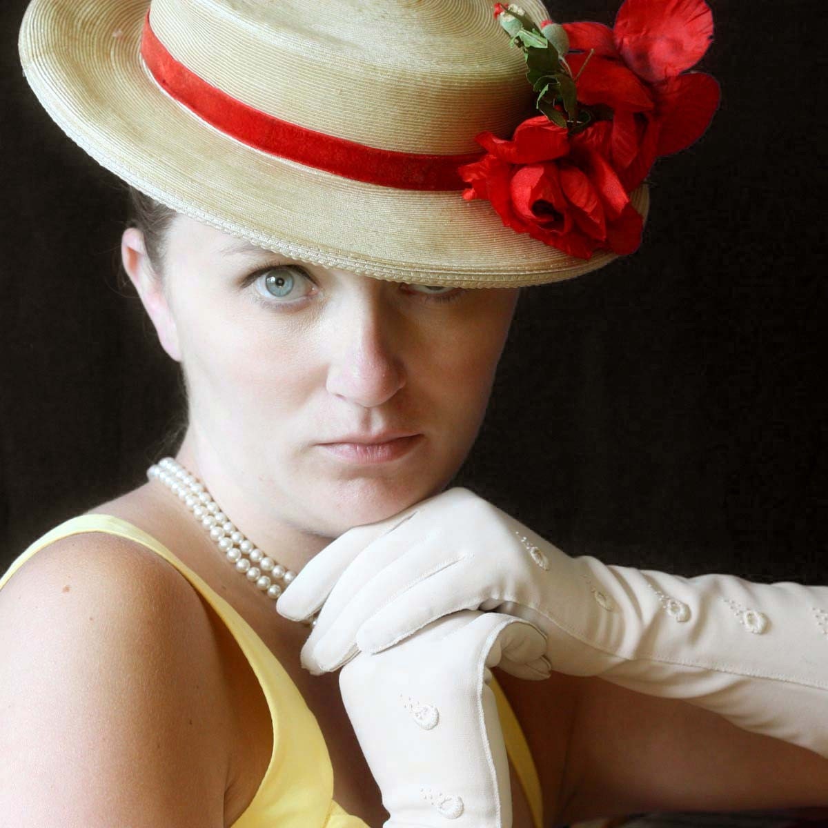 Vintage Straw Hat with Bright Red Flowers