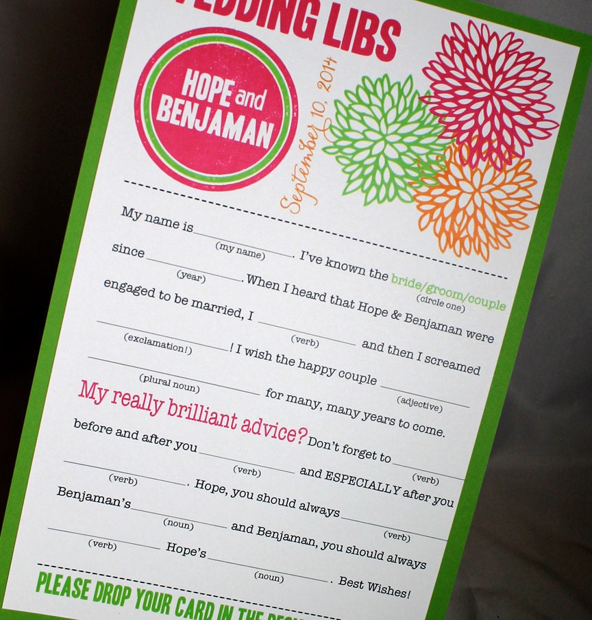 Wedding Mad Libs PDF FILE Print Yourself Bold Mums Colors You choose colors