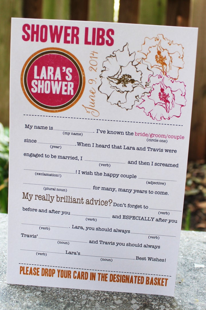 Bridal Shower Mad Libs PDF FILE Print Yourself Bold Flowers Colors are Customizable