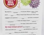 Bridal Shower Mad Libs PDF FILE Print Yourself Bold Flowers Colors are Customizable