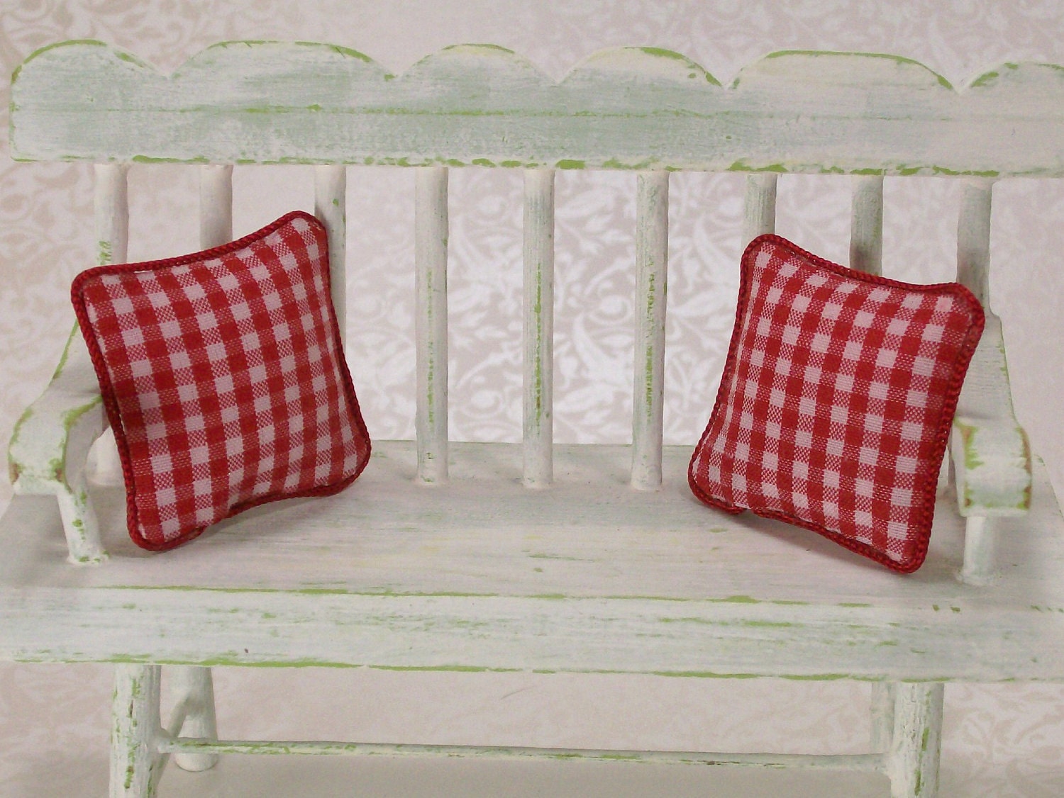 Dollhouse Miniature Pillows Cushions Red White Gingham Checked One Inch Scale