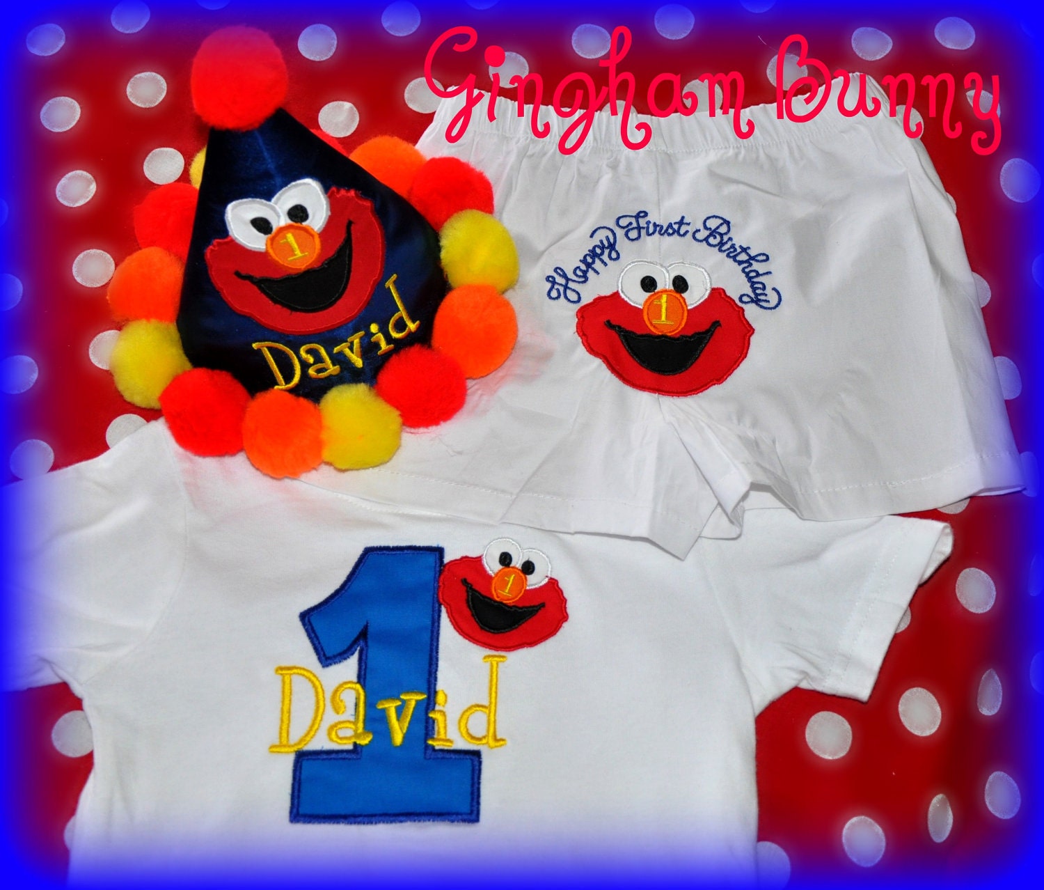 Elmo 3 Piece Set,  Personalized  Birthday Party Hat, You choose  colors,   First Birthday Hat, 2nd Birthday Hat,  by  GINGHAM BUNNY