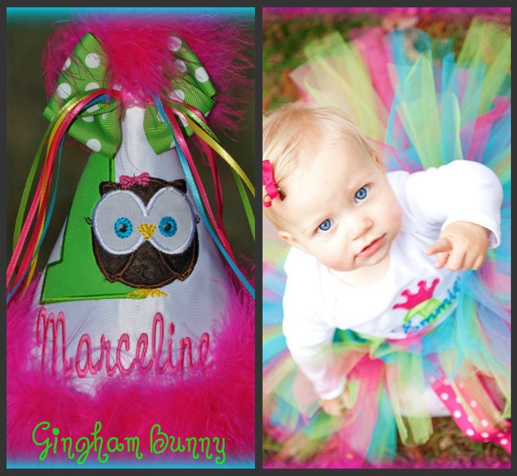 3 Pc. Owl Tutu Set, Look Who's Turning One, Owl Birthday Hat, Onesie and TUTU, You Choose Colors, by GINGHAM BUNNY