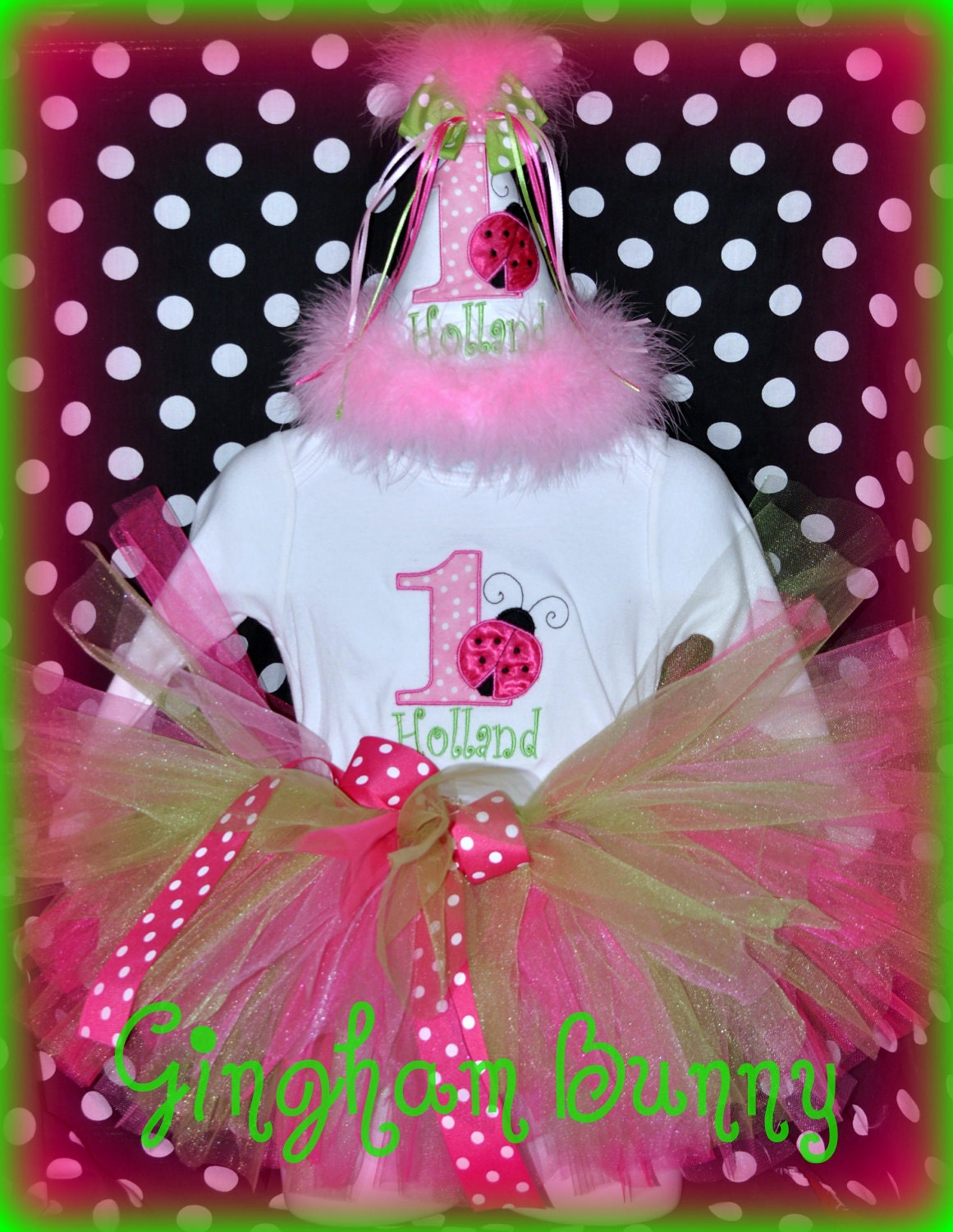 Ladybug/ Number, 5 Piece Set  Onesie, Bloomers, Tutu, Ladybug Birthday Hat, & Bib,  Sz 12, 18  or 24 mo. You Choose Colors, by GINGHAM BUNNY