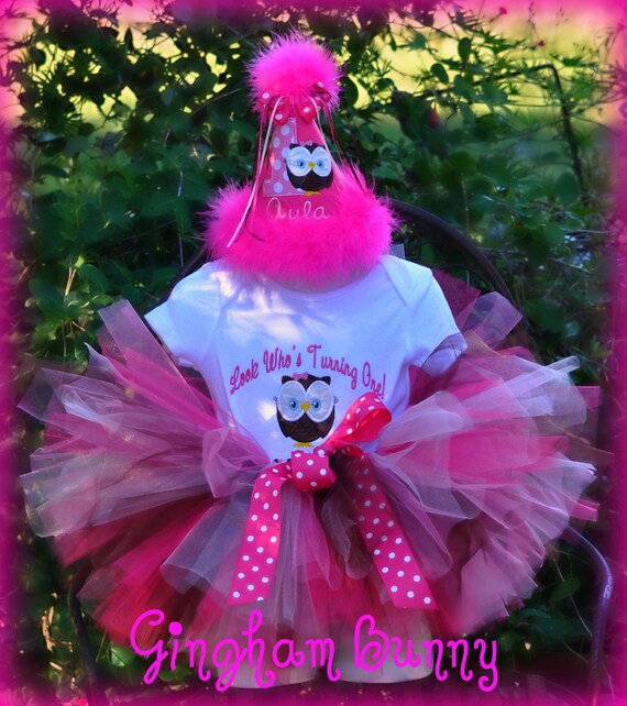 NEW 5 Pc. Set, Cake Smash, Chocolate Pink, Owl Birthday Hat, Onesie, Bloomers, Bib and Tutu,  Sz 6, 9, 12, 18  or 24 mo., by GINGHAM BUNNY