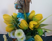 Mobile Home Yellow Floral Arrangement with Bird House in Wicker Cart