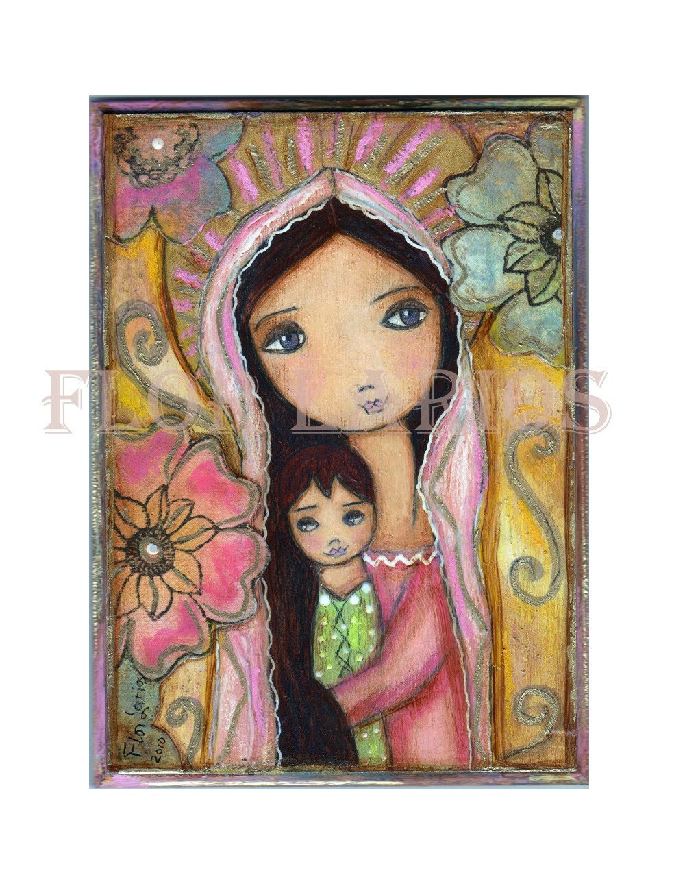 Young Madonna with Flowers - Folk Art  Print from Painting (5 x 7  inches Print) by FLOR LARIOS