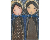 Two Angels - Folk Art  Print from Mixed Media Collage Painting (5 x 7  inches PRINT) by FLOR LARIOS