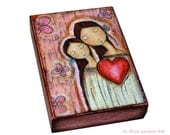 Un Solo Corazon Mother Daughter Love - ACEO Giclee print mounted on Wood (2.5 x 3.5 inches) Folk Art  by FLOR LARIOS
