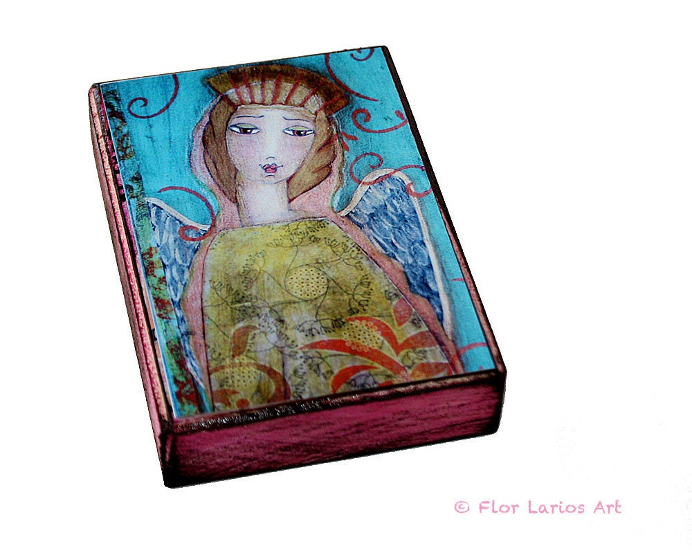 Angel of Tenderness - ACEO Giclee print mounted on Wood (2.5 x 3.5 inches) Folk Art  by FLOR LARIOS