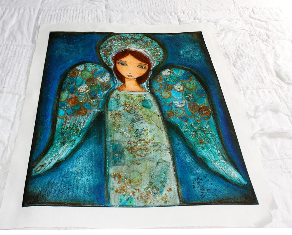 Angel Azul - Large Print on Fabric from Original Painting (16 x 20 inches) by FLOR LARIOS