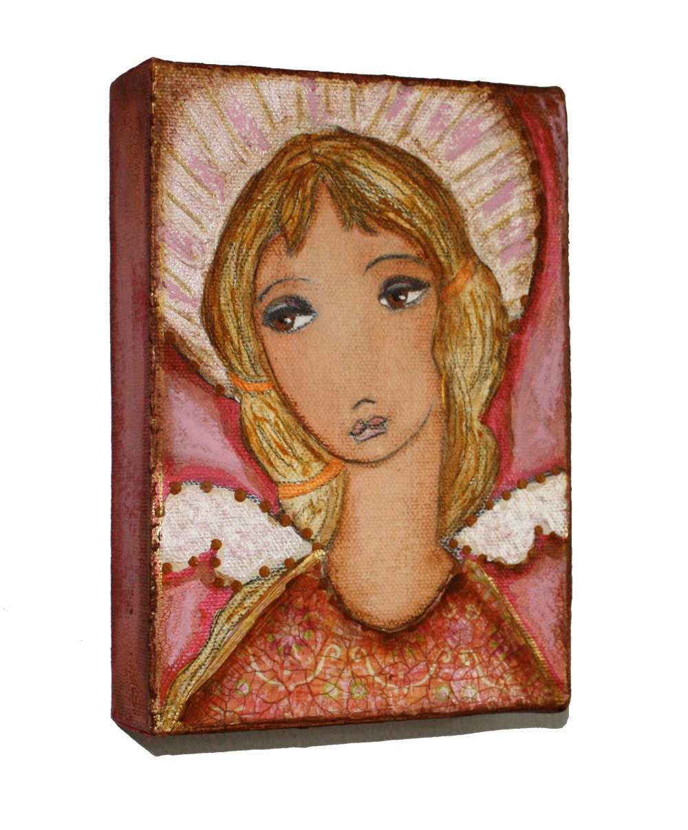 Angel in Pink - Original Mixed Media Painting on Canvas Folk art by FLOR LARIOS (5 x 7 INCHES)
