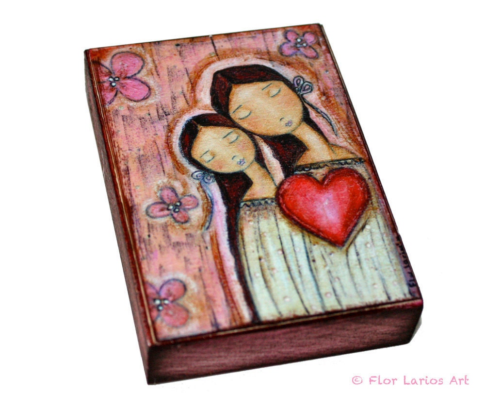 Un Solo Corazon Mother Daughter Love - ACEO Giclee print mounted on Wood (2.5 x 3.5 inches) Folk Art  by FLOR LARIOS