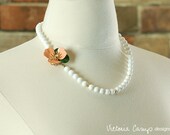 Vintage Flower Wedding Necklace, Peach and Green Enamel Flower with Vintage White Milk Glass and Gold Beads, Summer Bridal Jewelry