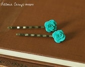 Aqua Clay Rose Hair Pins - Set of Two - Ready to Ship, Gifts under 25