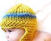 knit earflap hat and baby photo prop, size 3 to 9 months - honey yellow, soft all natural fibers, machine washable wool, ready to ship