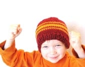 knit kids hat - fire and flames, cranberry red with orange and yellow stripes, 5T children to petite adult, natural fibers, ready to ship