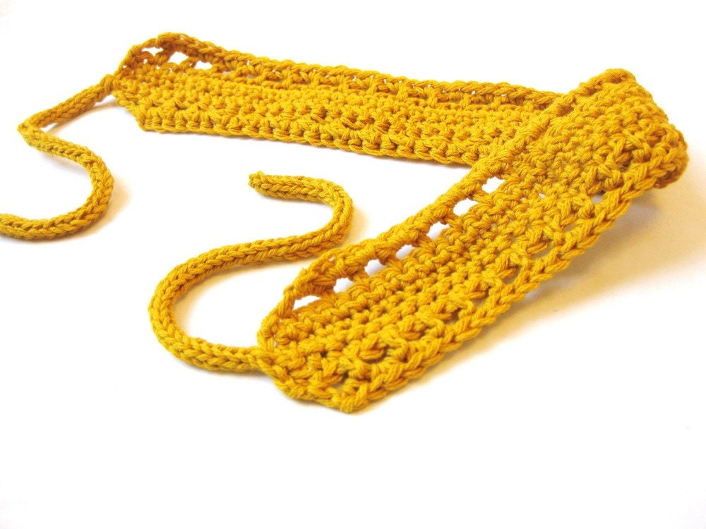 yellow crochet hairband or hairwrap with knit ties for women, teens, and girls - spicy mustard, ready to ship