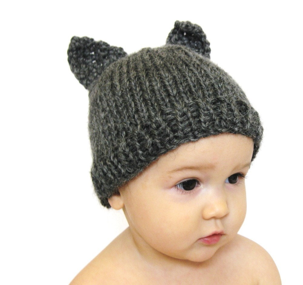 knit cat baby hat photo prop - itty bitty kitty in charcoal grey, size 3 to 9 months, ready to ship