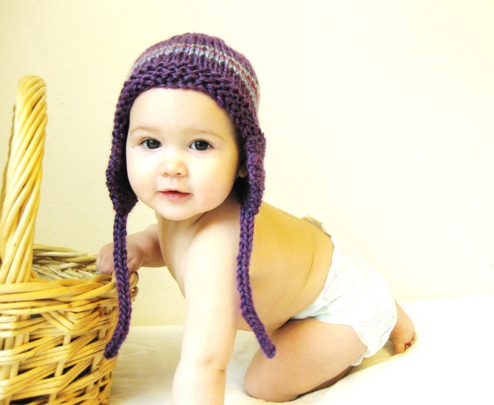 knit earflap hat for children and adults, size 5T to petite adult - plum purple with stripes, soft, machine washable, all natural fibers