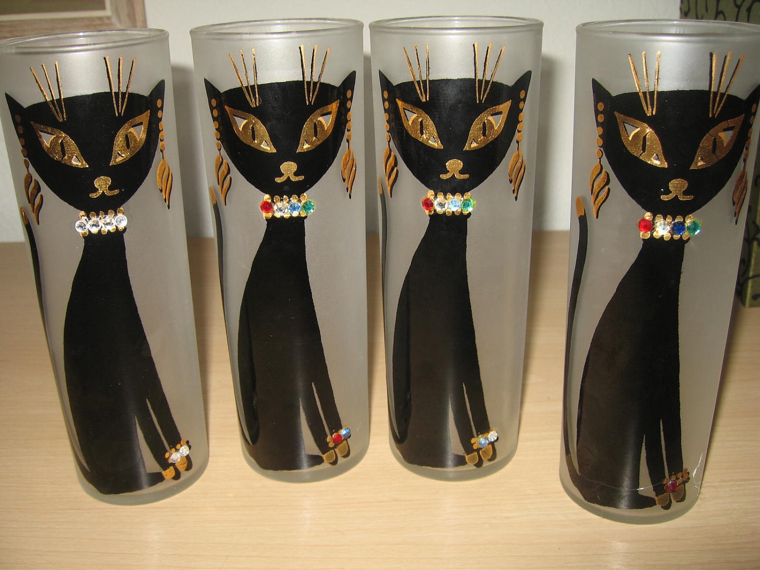 Vintage Mid Century Kit Kat Cool Cat Frosted Drinking Glasses Tumblers Libbey    Set of 6