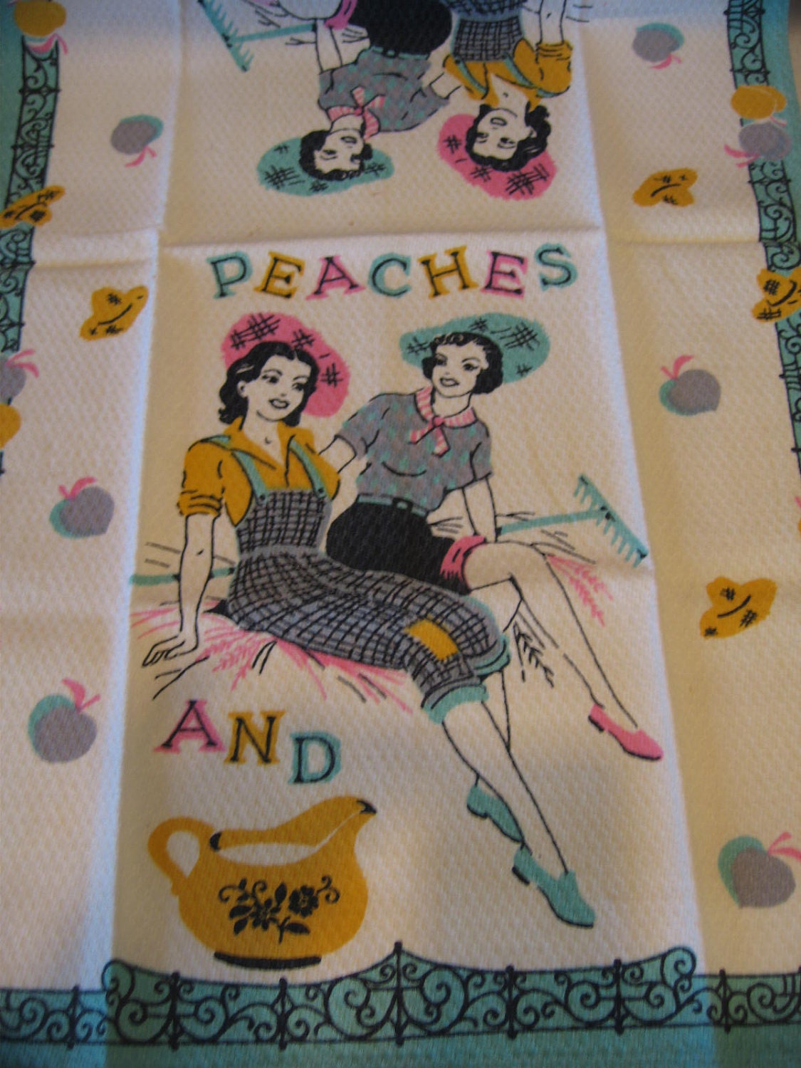 RESERVED Vintage Peaches and Cream Farm Girls Tea Kitchen Towel RESERVED